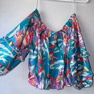 Rachel Zoe Top Womens Off Shoulder Cropped 3/4 Sleeve  Multicolor Tropical